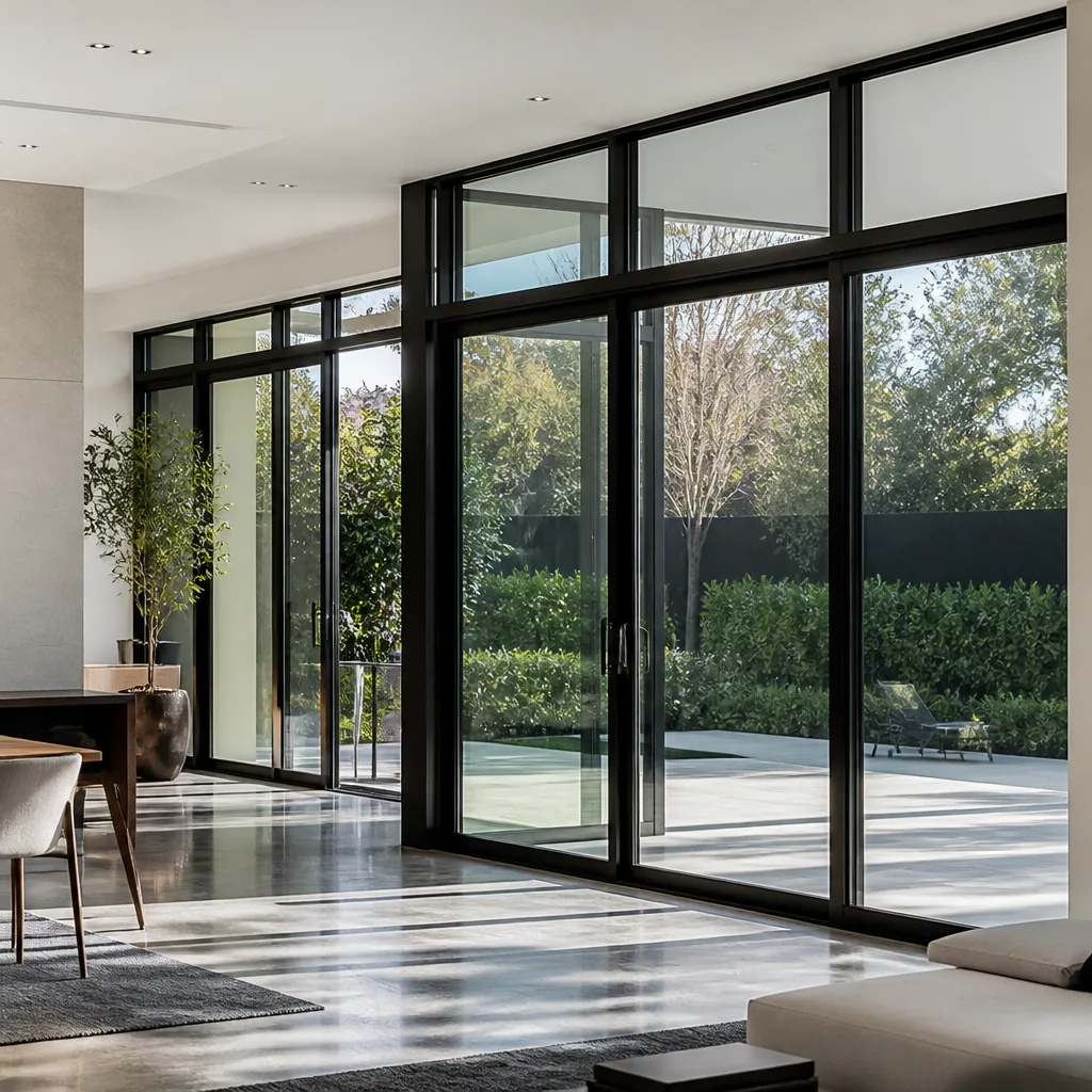 Modern floor-to-ceiling sliding glass doors in a bright luxury home interior