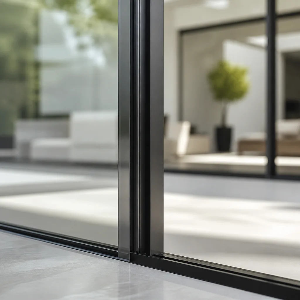 Modern black framed sliding glass door installation