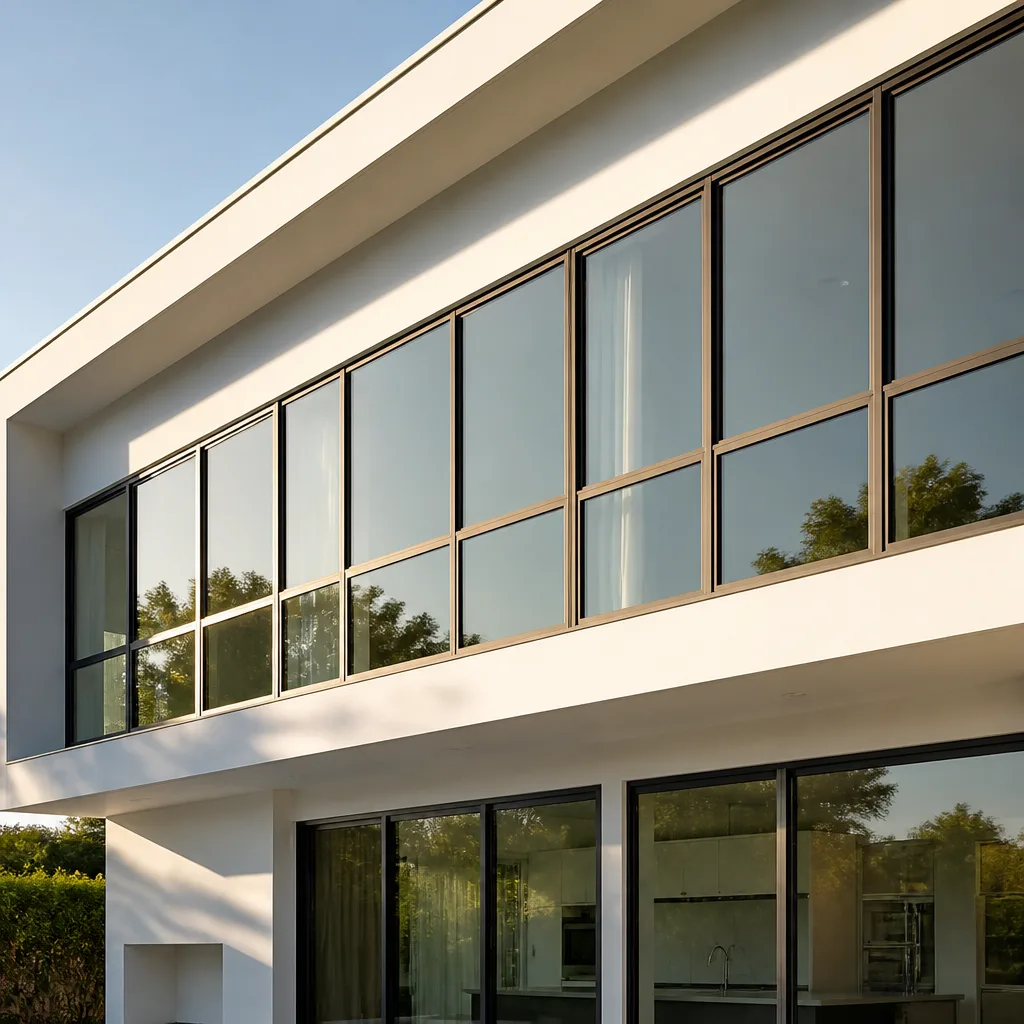 Modern glass window installation on a contemporary white residential building facade.