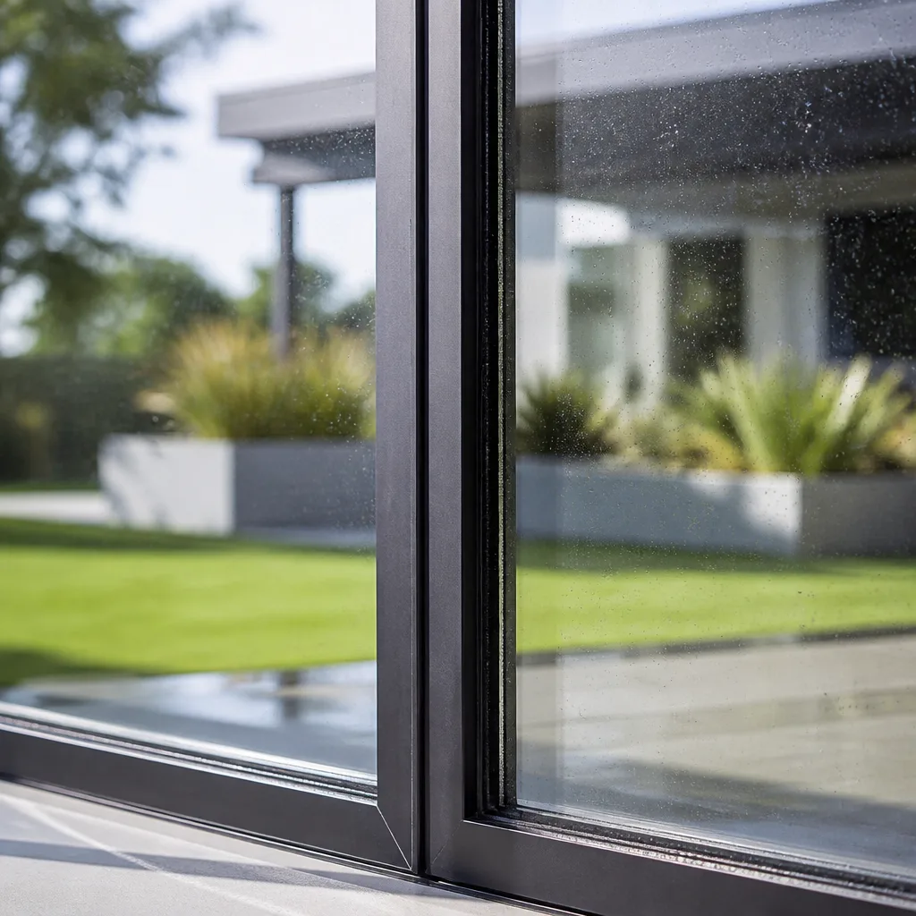 Modern black framed sliding glass door installation on a contemporary home