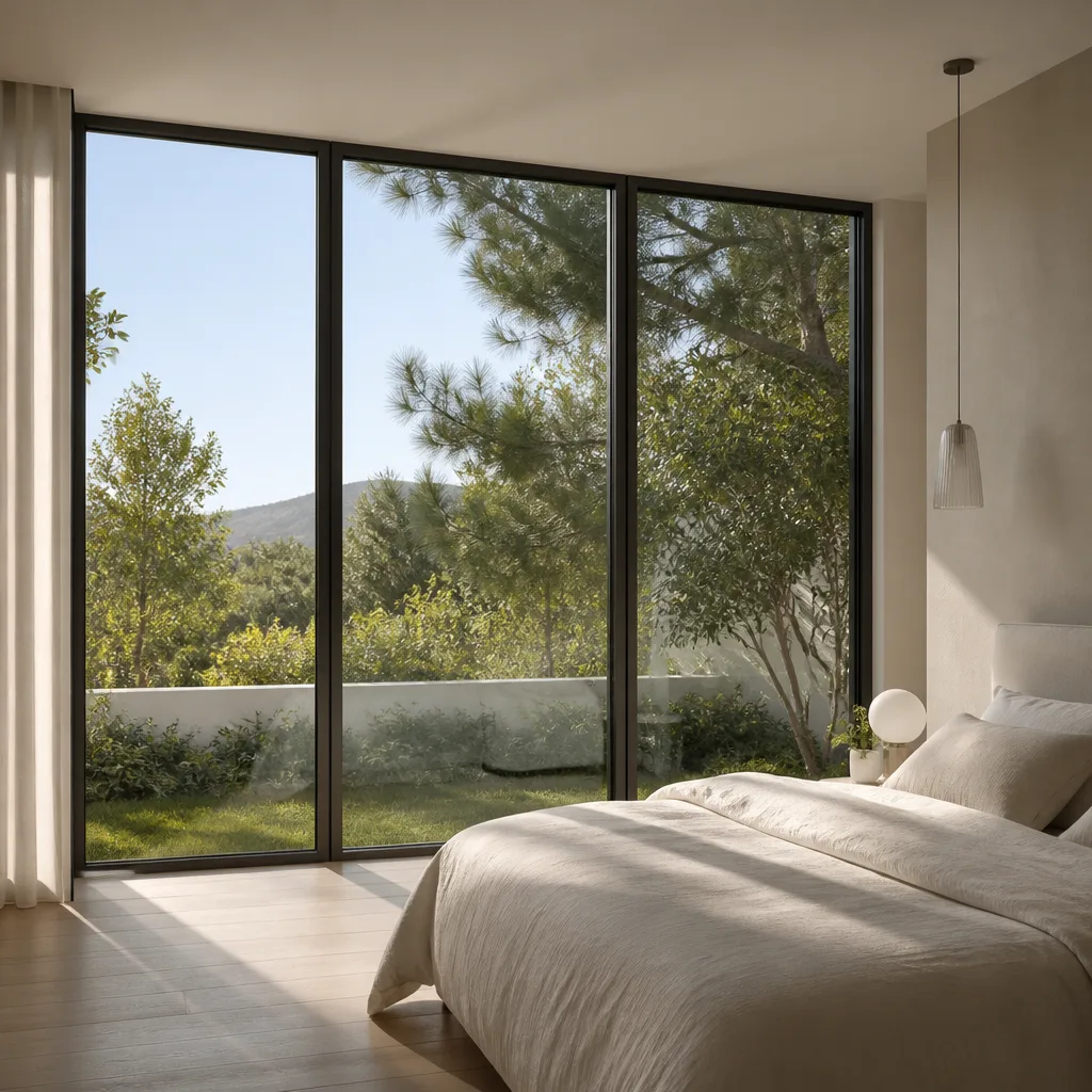 Modern floor-to-ceiling windows installed in a minimalist bedroom overlooking a garden.