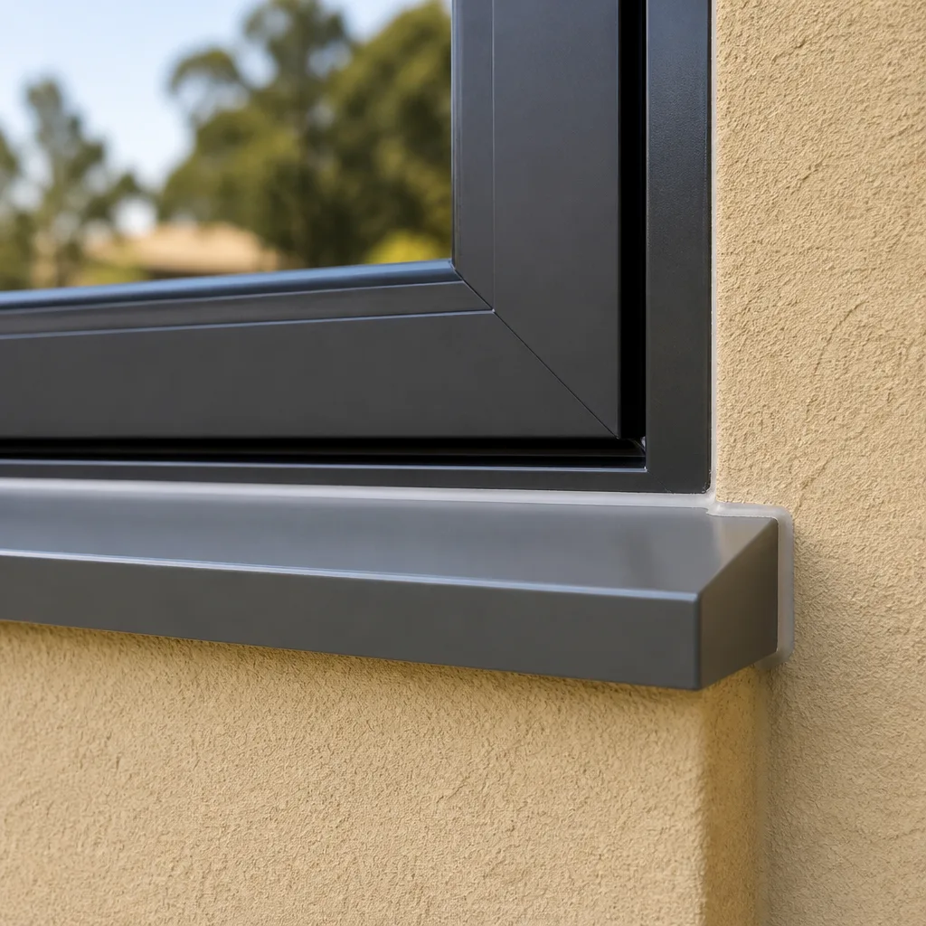 Modern dark-framed window installation with sleek exterior sill on stucco wall